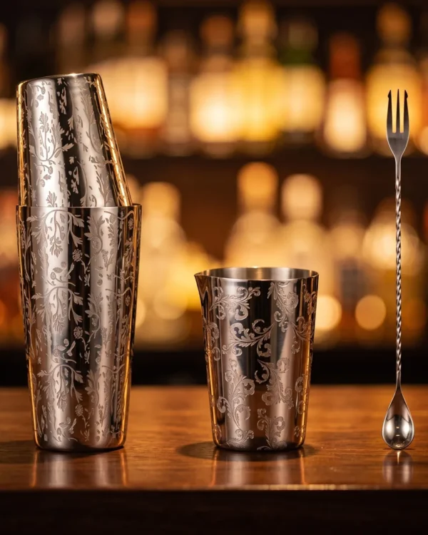 Engraved Boston set 3 pieces, Ay Tsao pattern, on a bar counter