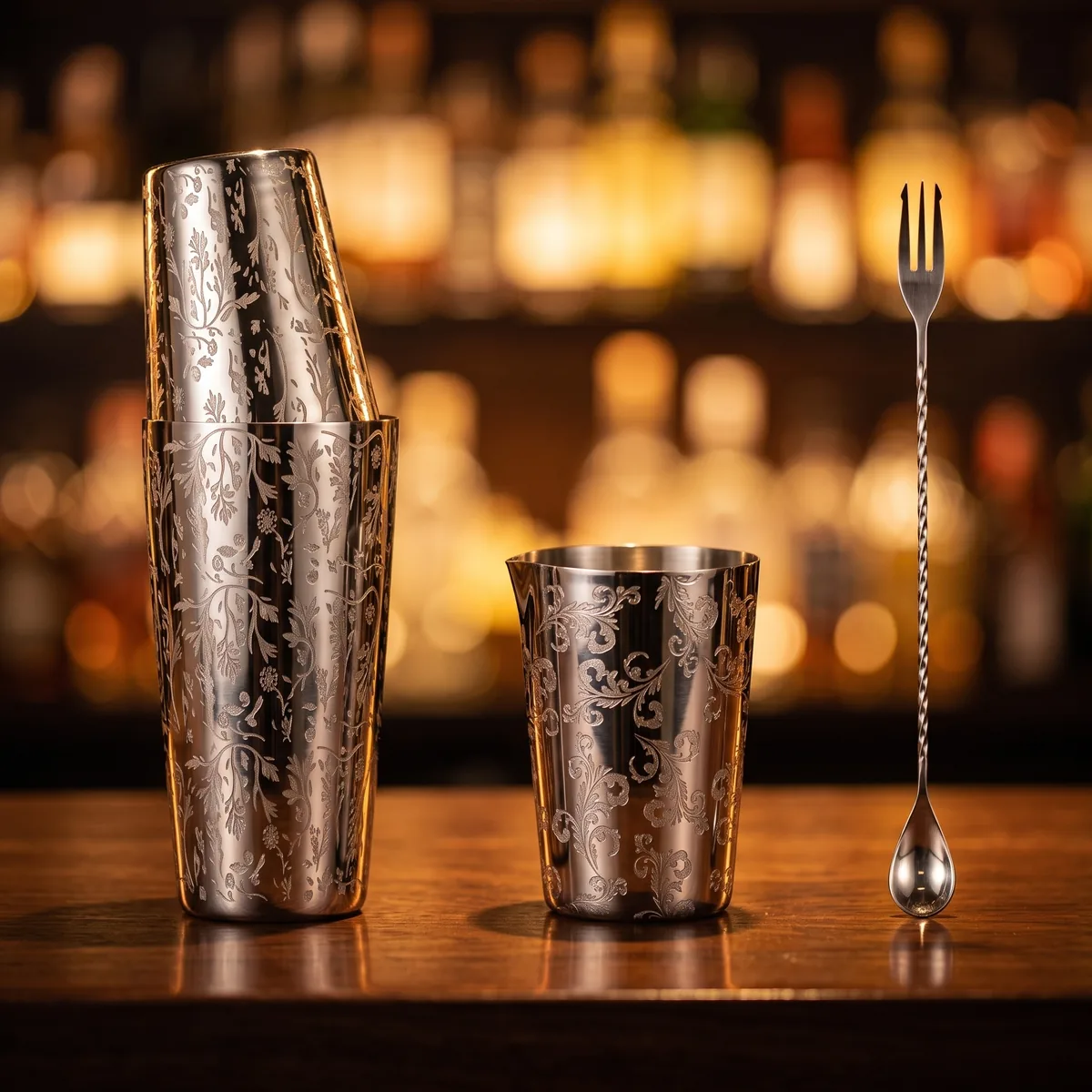 Engraved Boston set 3 pieces, Ay Tsao pattern, on a bar counter