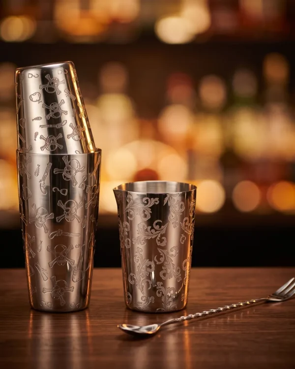 Engraved Boston set 3 pieces, skull pattern, on a bar counter