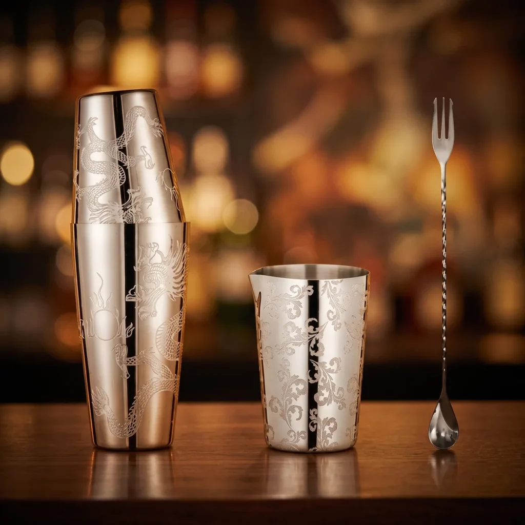 Engraved Boston set 3 pieces, Dragon pattern, on a bar counter