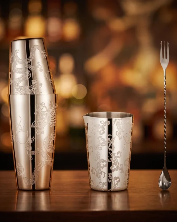 Engraved Boston set 3 pieces, Dragon pattern, on a bar counter