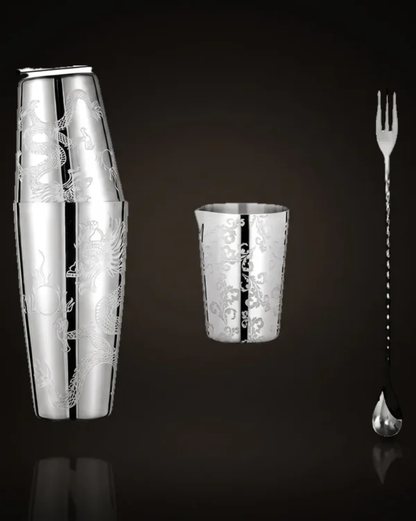 Engraved Boston set 3 pieces, Dragon pattern, front view