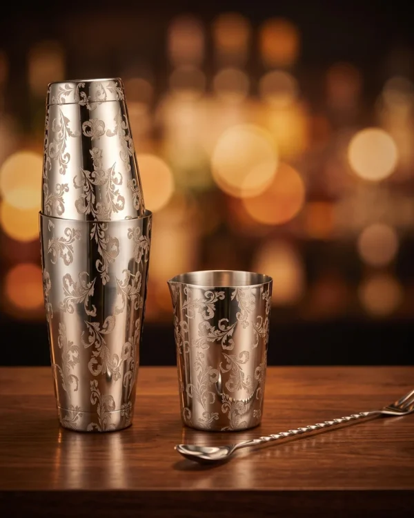 Engraved Boston set 3 pieces, Lavender pattern, on a bar counter