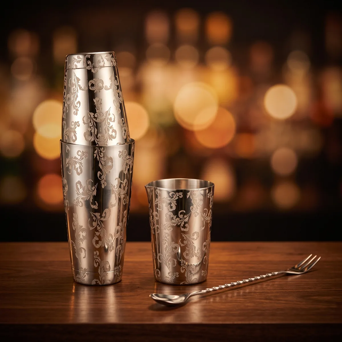 Engraved Boston set 3 pieces, Lavender pattern, on a bar counter