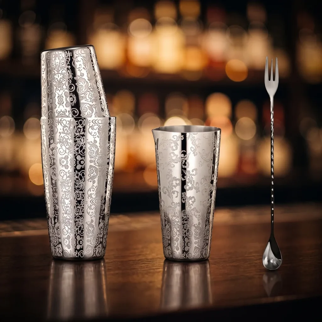 Engraved Boston set 3 pieces, Royalty pattern, on a bar counter