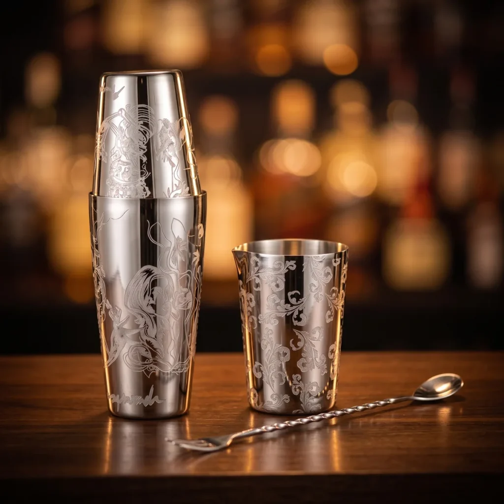 Engraved Boston set 3 pieces, Viking queen, on a bar counter