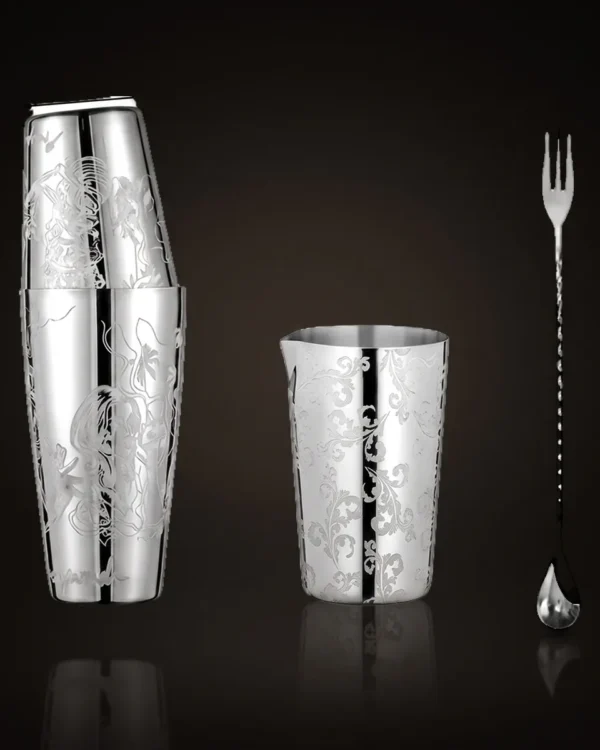 Engraved Boston set 3 pieces, Viking queen, front view