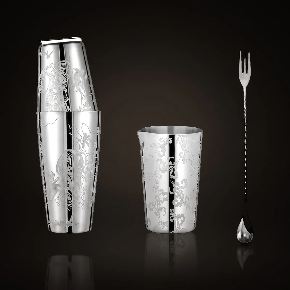 Engraved Boston set 3 pieces, Viking queen, front view