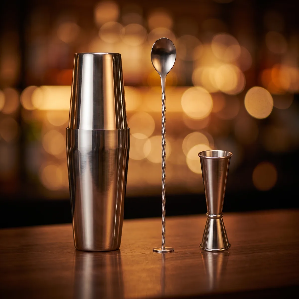 Boston shaker set, 3 pieces, on a bar counter