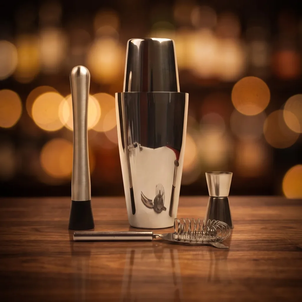 Boston shaker set, 4 pieces with muddler, on a bar counter