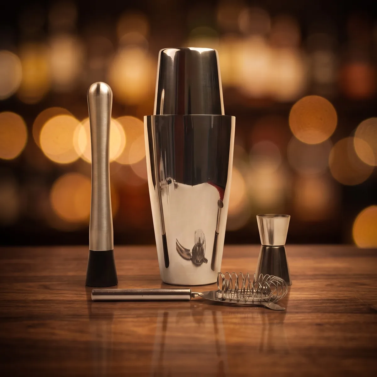 Boston shaker set, 4 pieces with muddler, on a bar counter