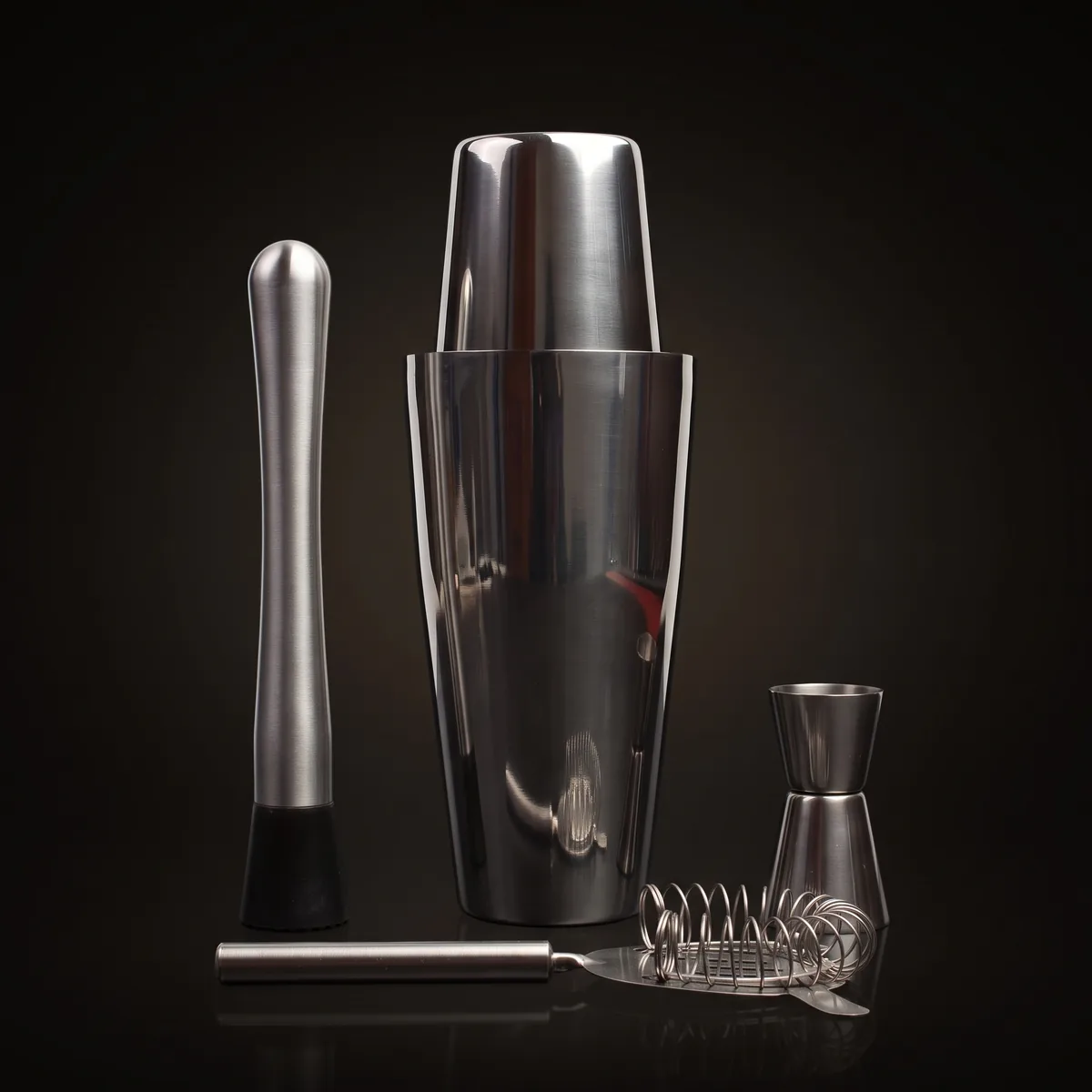 Boston shaker set, 4 pieces with muddler, front view