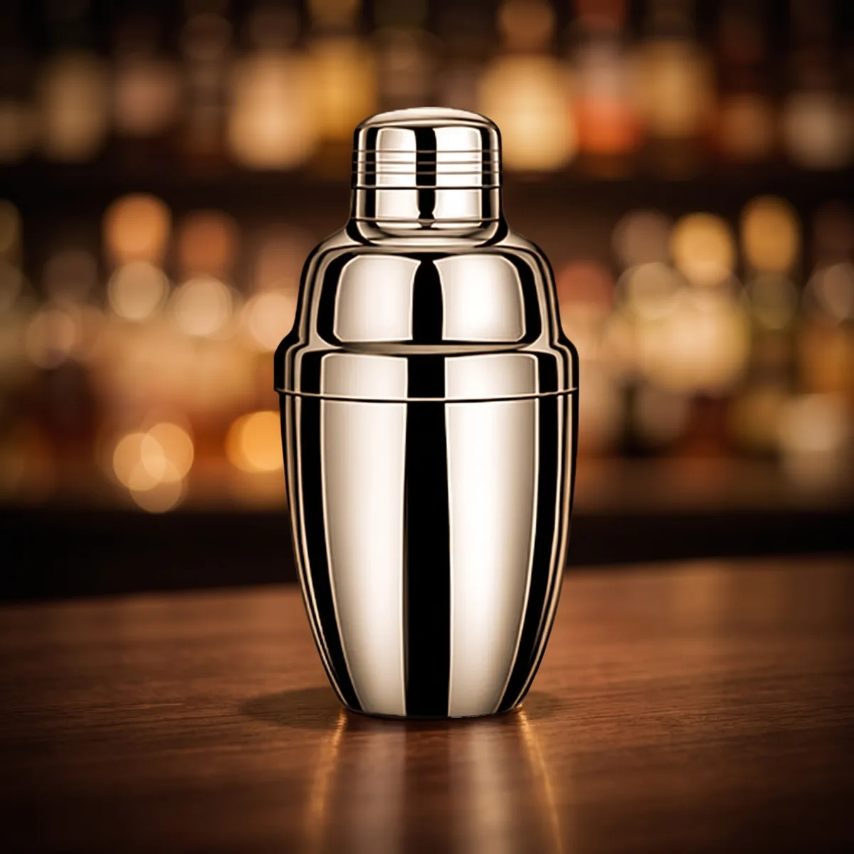 Stainless steel cobbler shaker 350 ml, on a bar counter