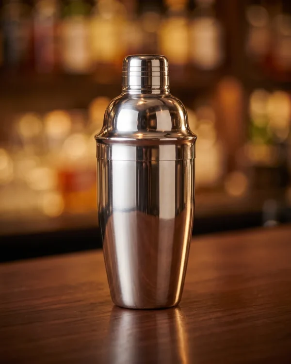 Stainless steel cobbler shaker 550 ml, on a bar counter