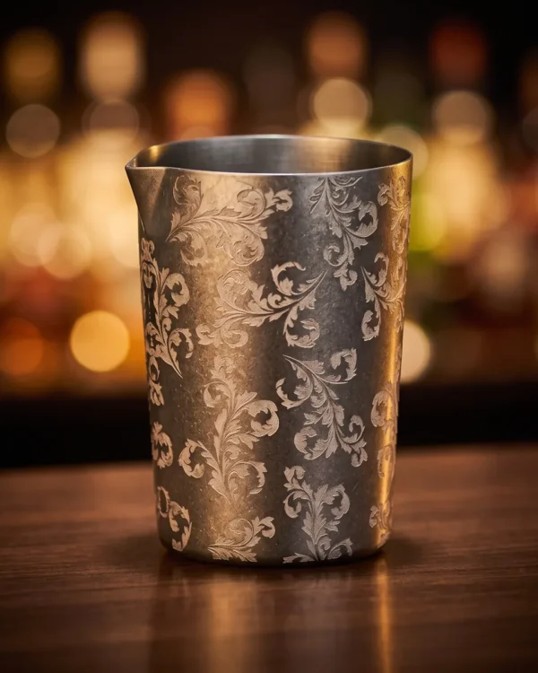Engraved antique-finish shaker tin 480 ml, on a bar counter