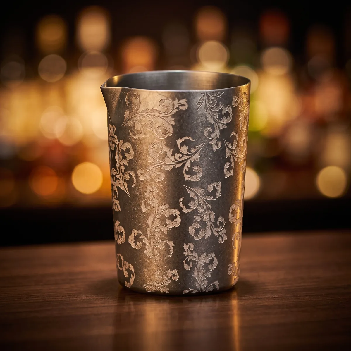 Engraved antique-finish shaker tin 480 ml, on a bar counter