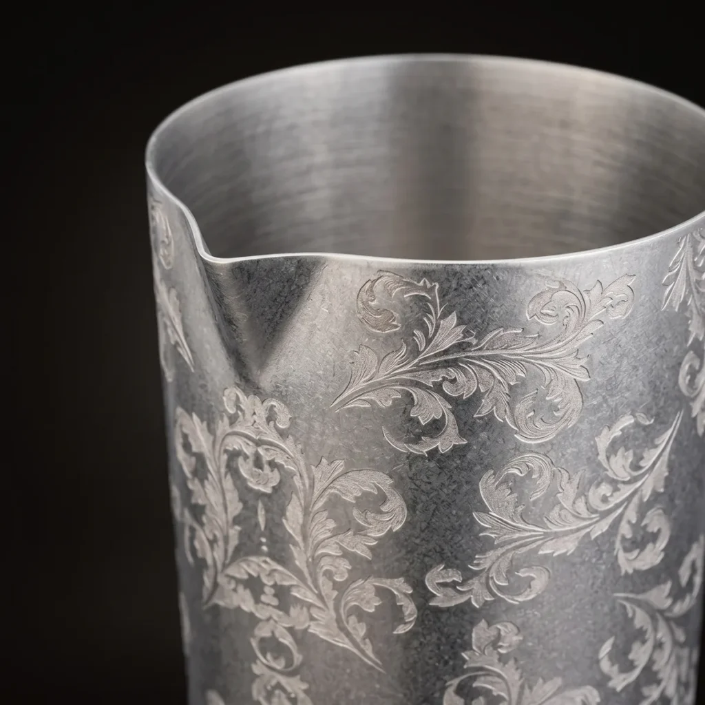 Engraved antique-finish shaker tin 480 ml, three-quarter view