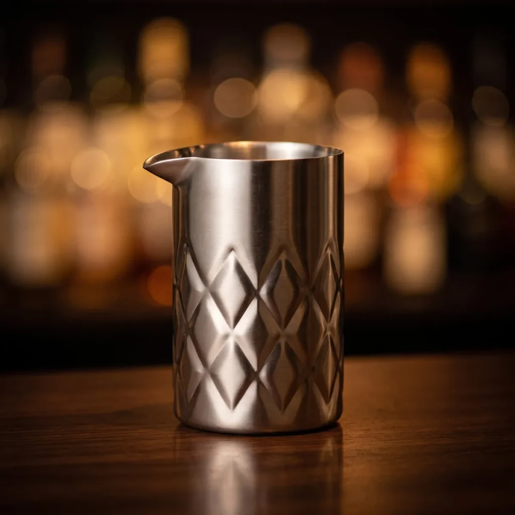 Stainless steel mixing glass, diamond pattern 550 ml, on a bar counter