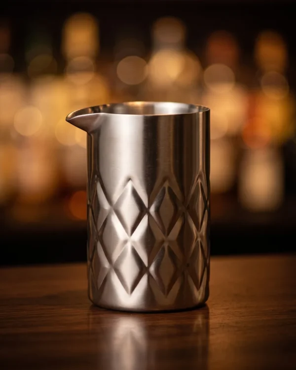 Stainless steel mixing glass, diamond pattern 550 ml, on a bar counter
