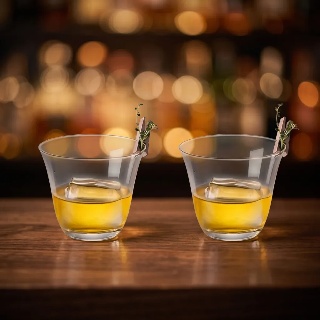 Light whisky glasses 280 ml, set of 2, on a bar counter
